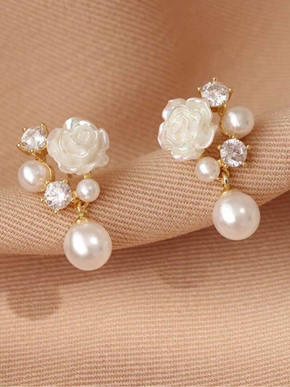 Pearl Rose Drop Earrings - White Pearls & Crystal Accents
